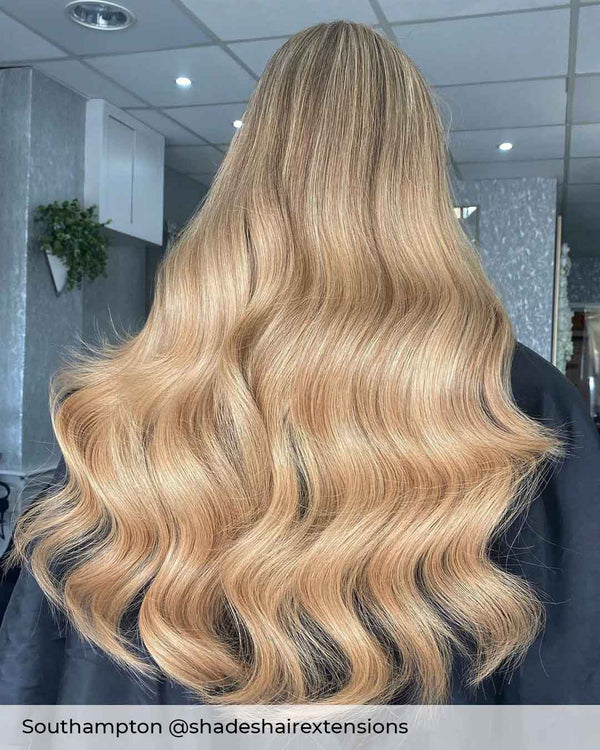 Golden blonde hair with Viola tape weft hair extensions, sunny blonde hair inspiration with Champagne blonde long extensions