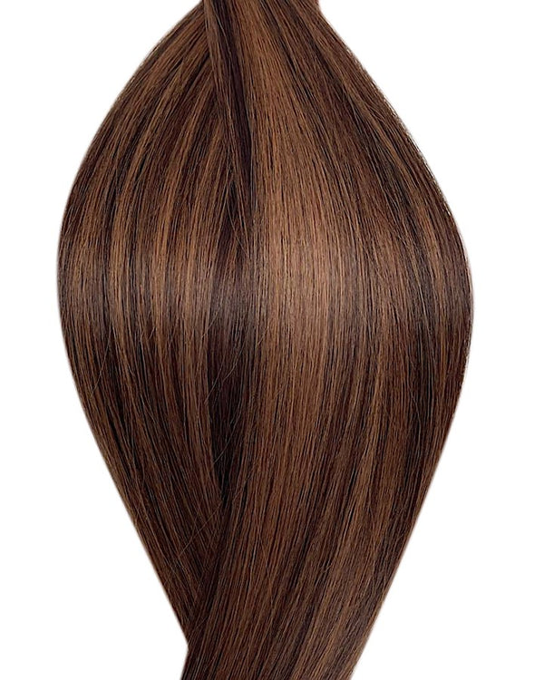 Human Seamless clip-in hair extensions UK available in #P2/6 dark brown  light chestnut brown mix Marrakech heat