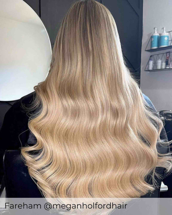 Brown root stretch to honey blonde hair extensions, long beautiful hair achieved with root drag medium brown hair extensions