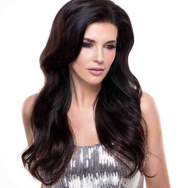 Darkest brown hair enhanced by adding Viola chard earth human hair weave extensions to add length and volume to short black hair