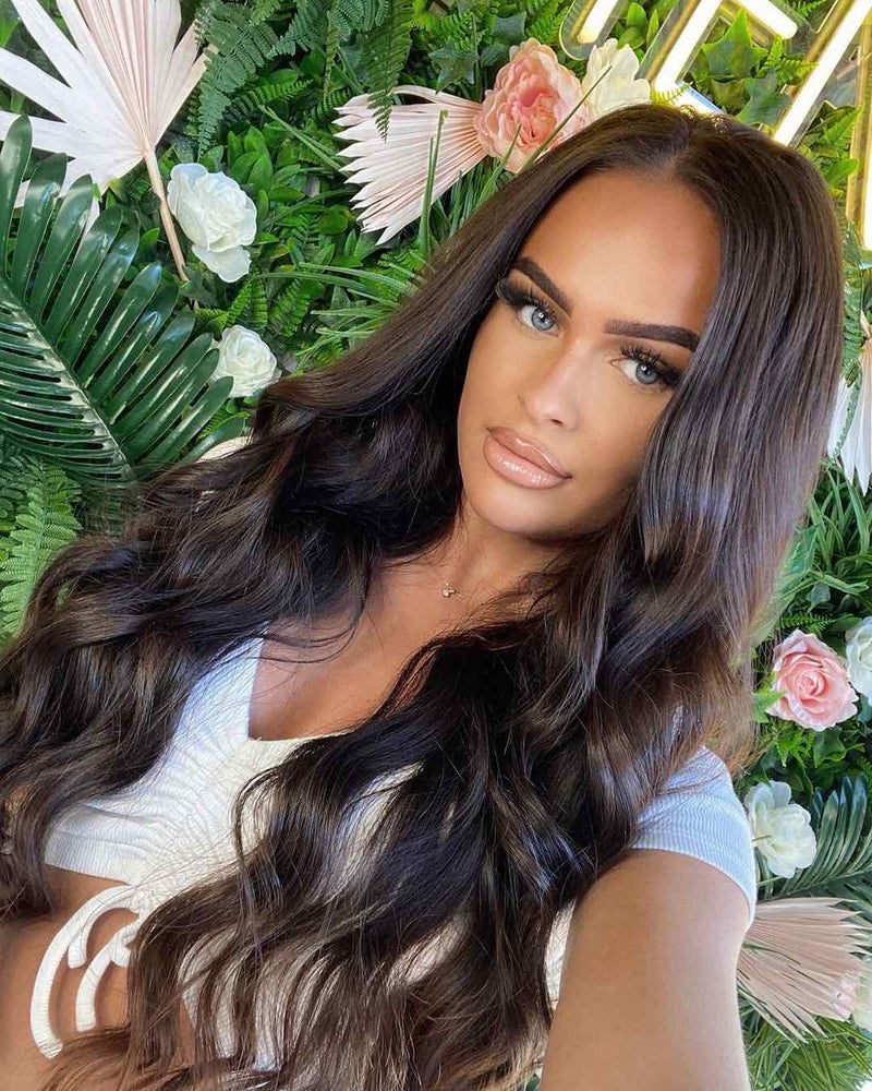 Dark brown hair enhanced by adding Viola pure cocoa human hair weave extensions to add length and volume to short brown hair