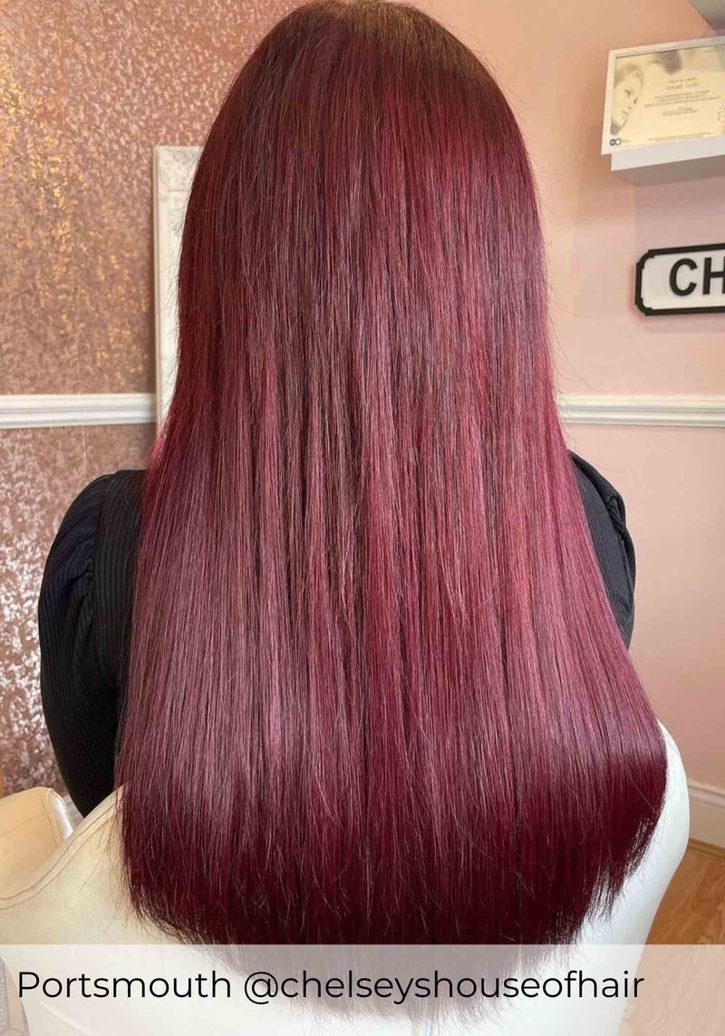 Dark plum hair, achieved with Viola bold, beautiful, red hair extensions micro ring adding length and volume to plum hair