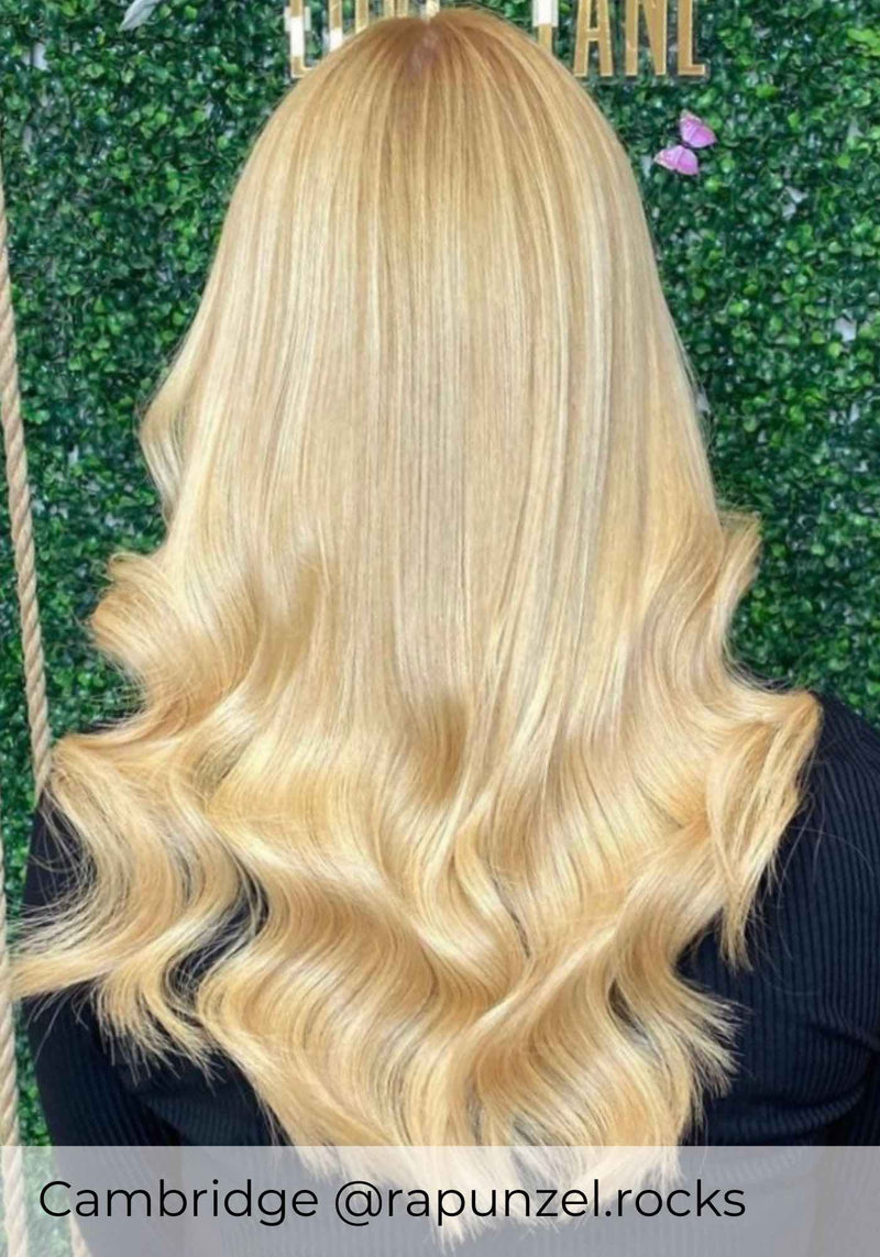 Beautiful golden blonde hair extensions added length and volume to short hair with nano ring human hair extensions by Viola