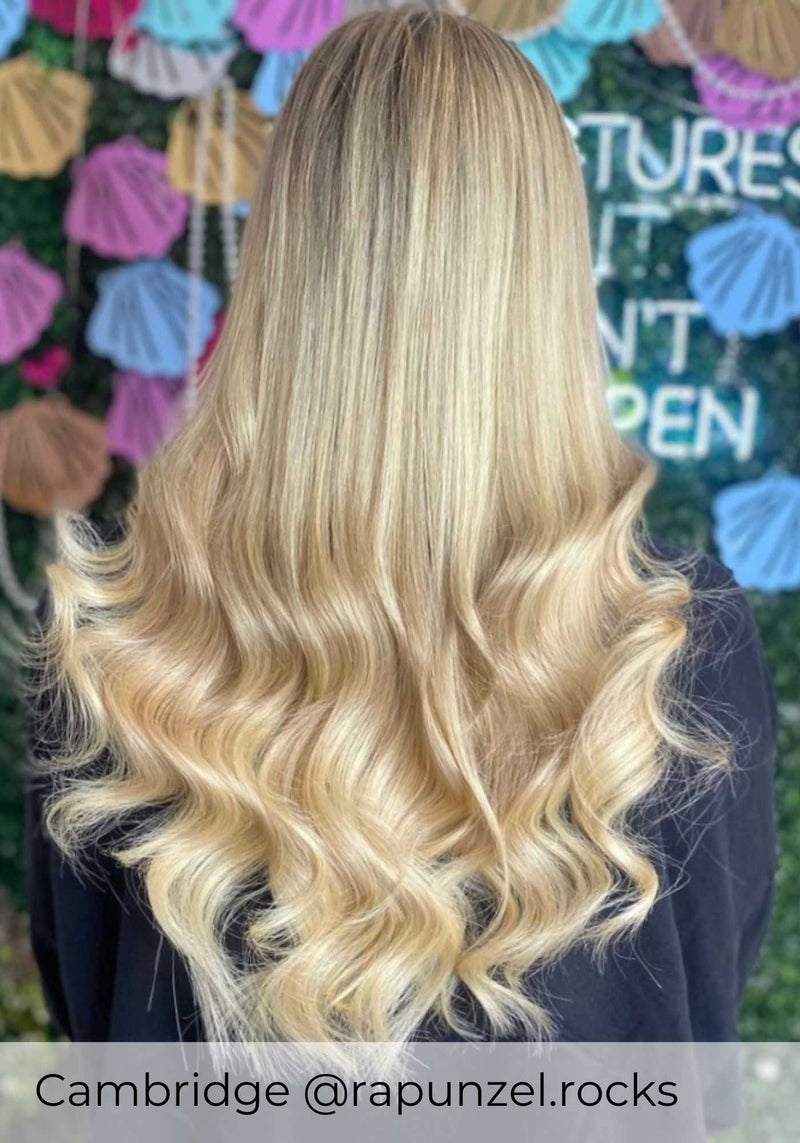 Golden blonde hair with Viola pre-bonded hair extensions, ashy blonde hair inspiration with Summer sunrise long extensions