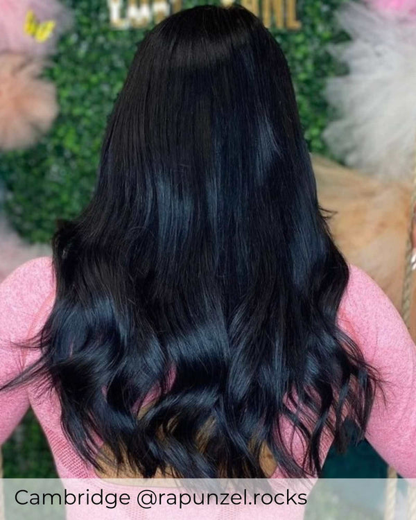 Long Jet black hair in tape weft hair extensions to add length and volume to short and long black hair by Viola
