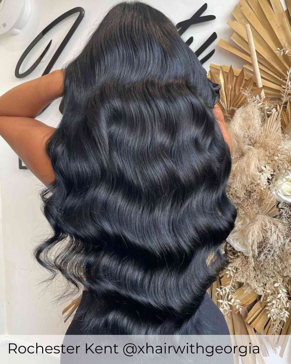 Long Jet black hair in weave hair extensions to add length and volume to short and long black hair by Viola