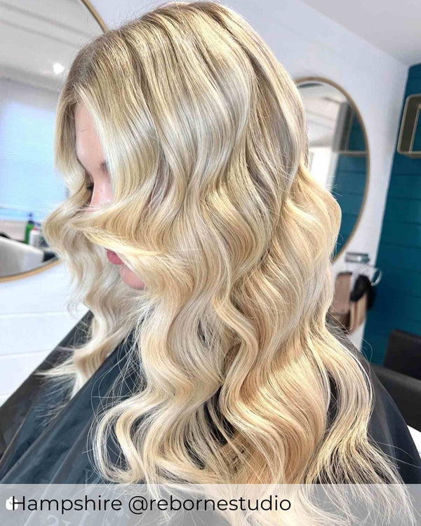 Golden blonde hair with Viola micro ring hair extensions, blonde hair inspiration with sunny blonde long extensions