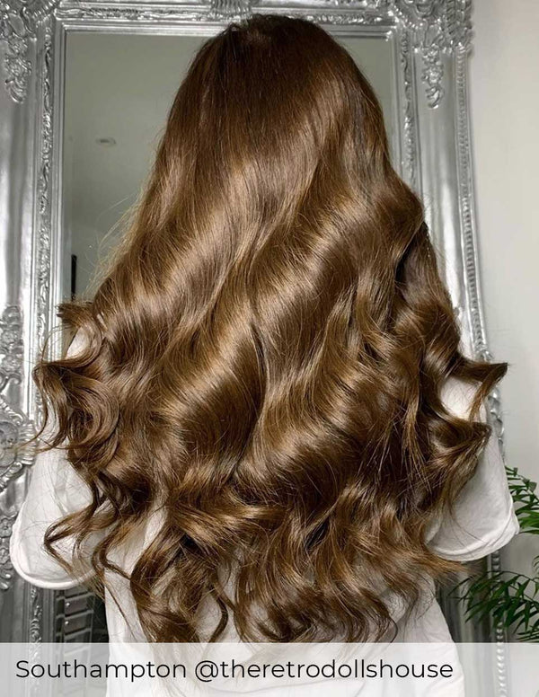 Beautiful light brown hair extensions added length and volume to short hair with clip in human hair extensions by Viola