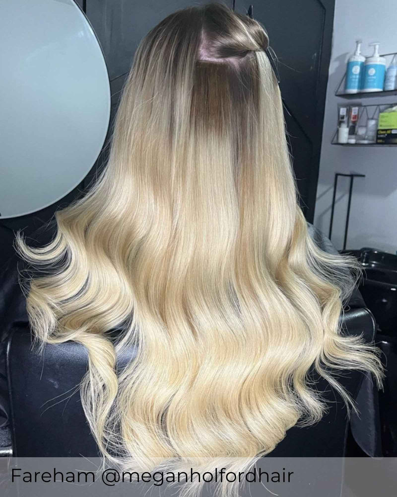 Root Stretch warm brown to ash blonde hair achieved with Viola human hair extensions, brown blending into ashy blonde hair