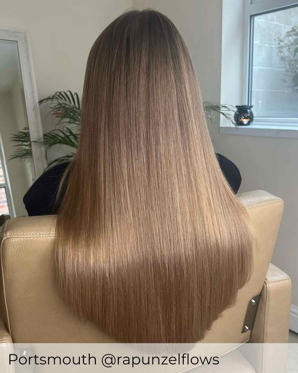 Beautiful light brown hair extensions added length and volume to short hair with tape weft human hair extensions by Viola