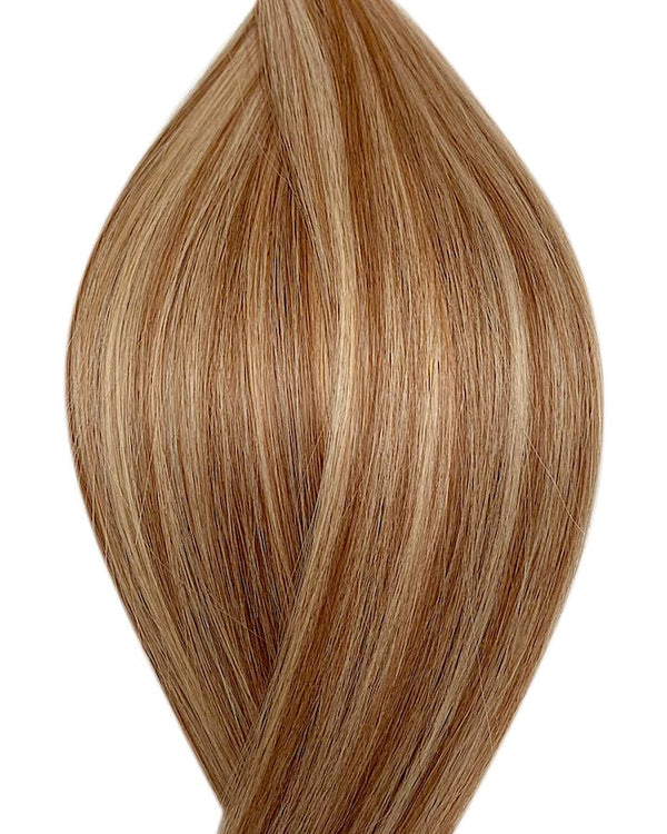 Human tape in hair extensions UK available in #P6/613 light chestnut brown bleach blonde mix Vienna Velour