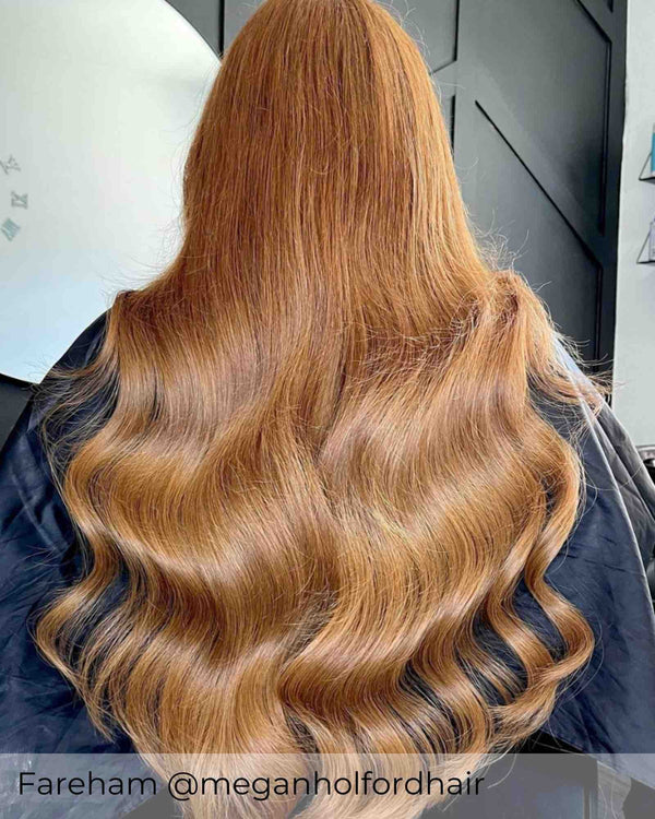 Chestnut brown long hair achieved by wearing Viola tape in hair extensions with beautiful rich praline brown