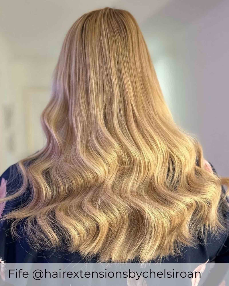 Warm blonde hair with Viola tape in hair extensions, blonde hair inspiration with Sunrise blonde long extensions