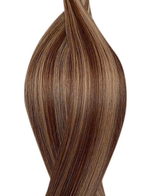 Human nano ring hair extensions UK available in #P4/14 medium brown dark blonde mix New York realness