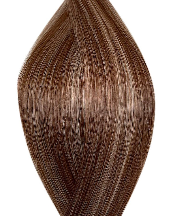 Human nano ring hair extensions UK available in #P4/60B medium brown platinum ash blonde mix Lisbon lush