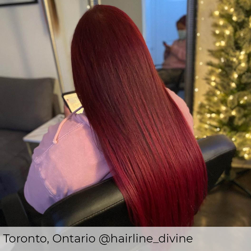 Beautiful plum hair extensions added length and volume to short hair with nano ring human hair extensions by Viola
