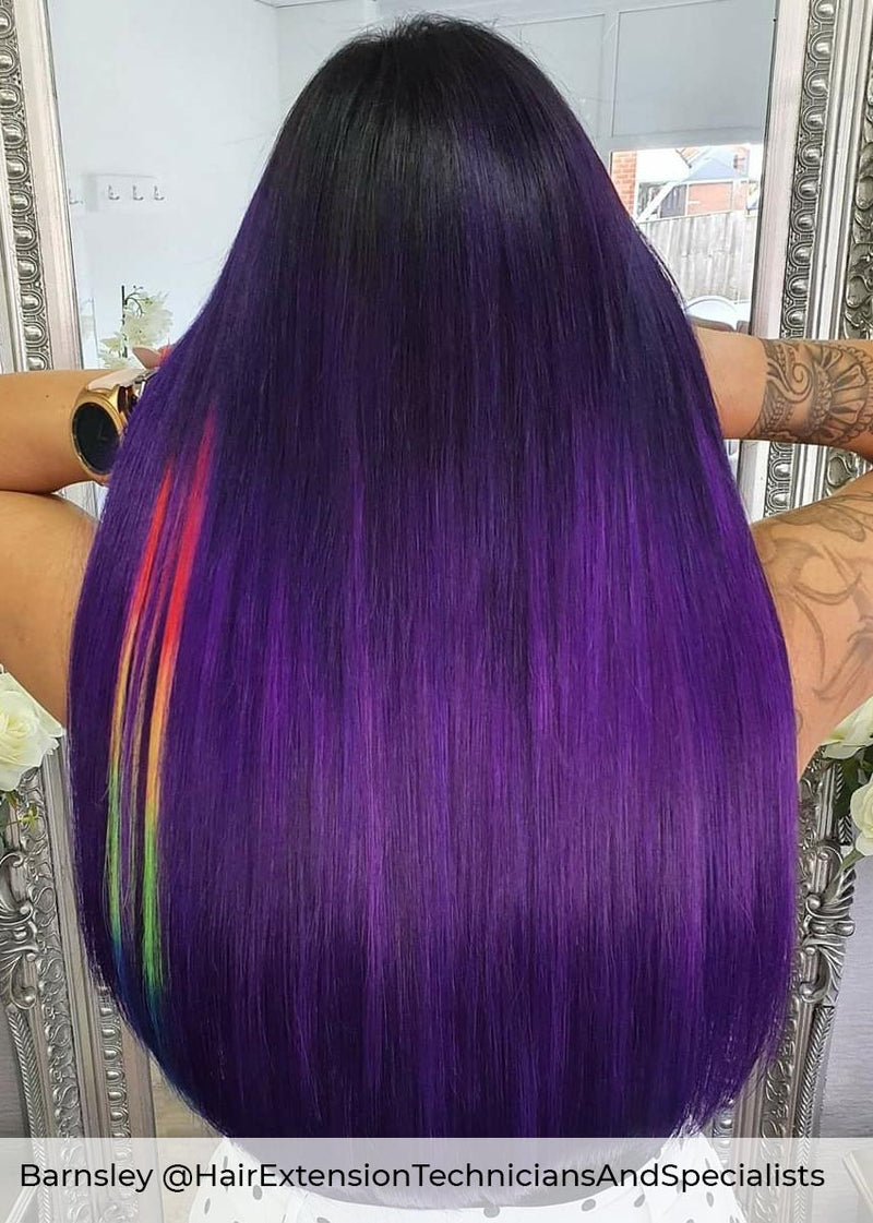 Deep purple hair, achieved with Viola bold, beautiful, purple hair extensions in nano rings adding length and volume to bright hair