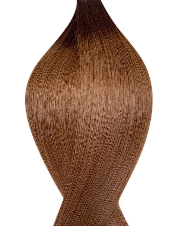 Human pre-bonded hair extensions UK available in #T2/6 root stretch dark brown light chestnut brown spiced latte