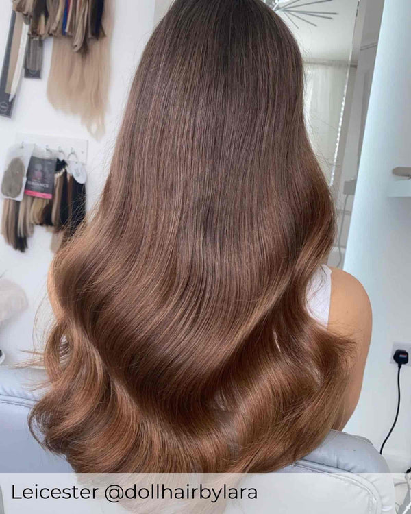 Dark brown root stretch to brown hair extensions, long beautiful hair achieved with root drag dark brown hair extensions