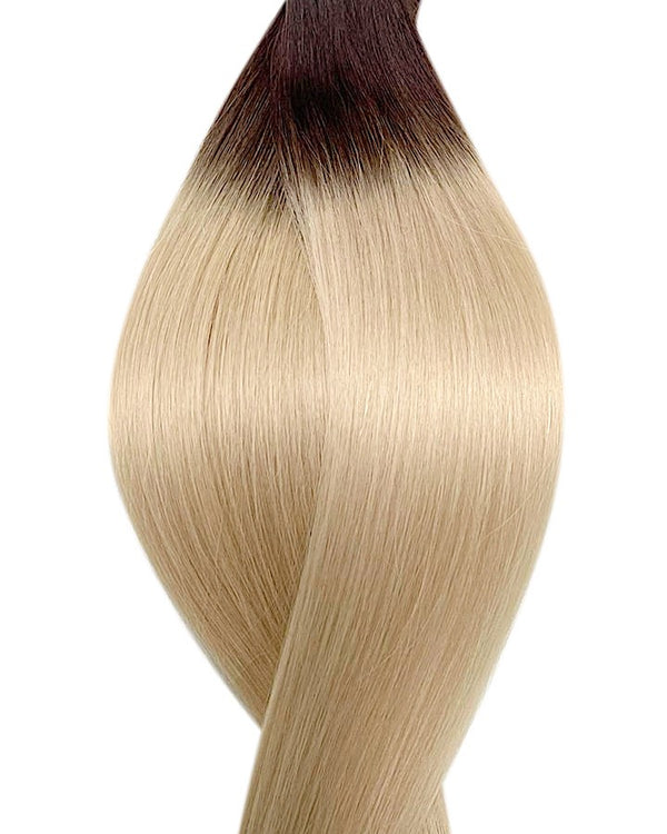 Human tape in hair extensions UK available in #T2/60B root stretch dark brown platinum ash blonde espresso martini