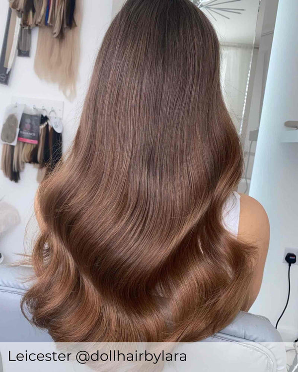 Brown root stretch to chestnut brown hair extensions, long beautiful hair achieved with root drag dark brown hair extensions