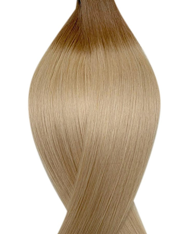 Human tape in hair extensions UK available in #T8/16 root stretch light brown medium ash blonde Irish coffee