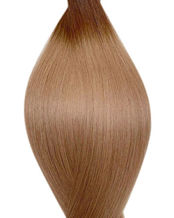 Human nano ring hair extensions UK available in #T4/14 root stretch medium brown dark blonde mocha latte