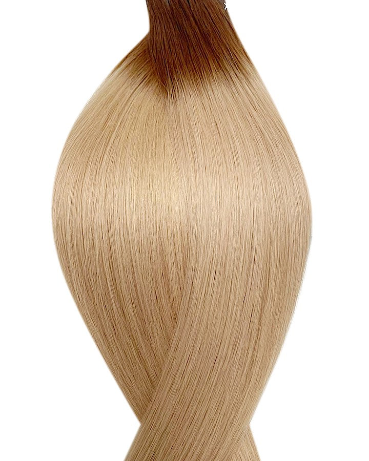 Human micro ring hair extensions UK available in #T4/22 root stretch medium brown light ash blonde macchiato