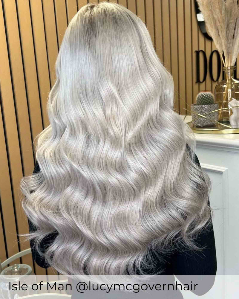 Silver long hair with extensions to enhance the natural hair with human silver hair extensions by Viola hair extensions