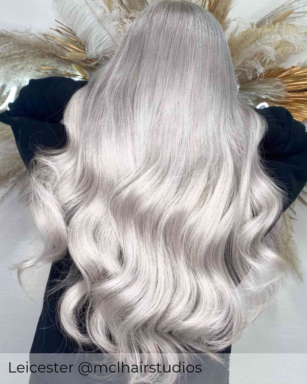 Silver long hair with extensions to enhance the natural hair with human silver hair extensions by Viola hair extensions