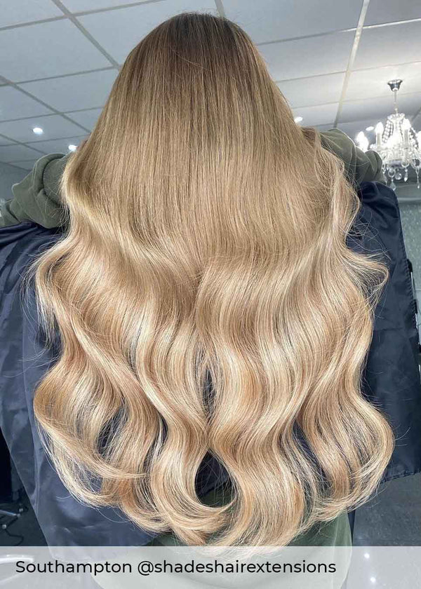 Balayage light blonde honey brown mix hair extensions, mixed extensions with a warm brown root by Viola hair extensions UK