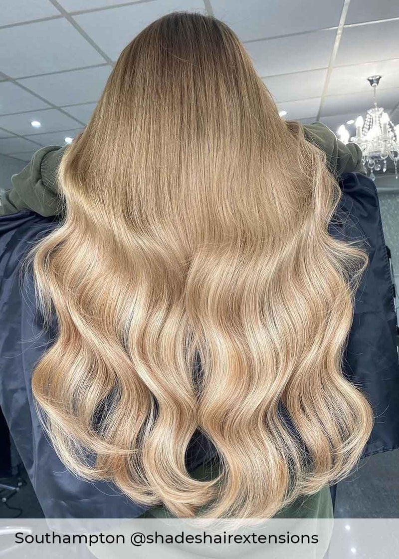 Balayage light brown root and light blonde mix hair extensions, mixed extensions with a brown root by Viola hair extensions UK