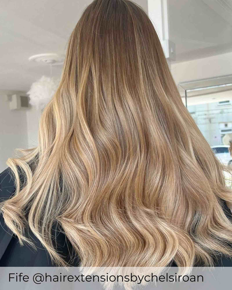 Mixed blonde hair extensions with light ash brown blended with blonde to create dark blonde Balayage mix extensions by Viola 